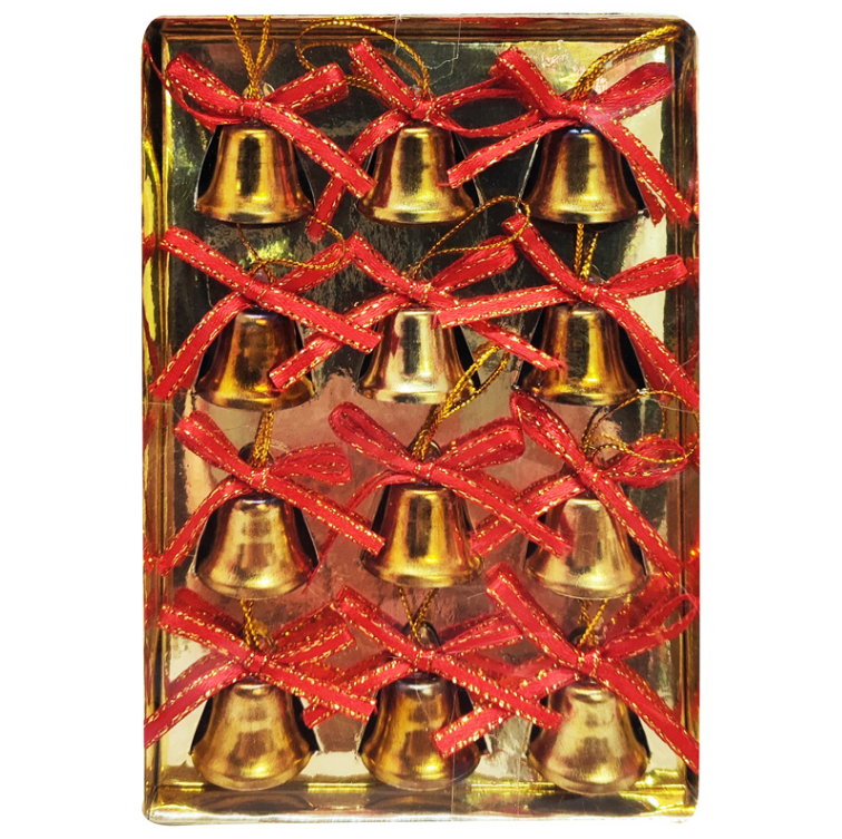 Set de 12 Campanas Navideñas Doradas de 1.5 cm con Moño