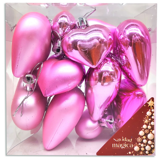 Set de 12 Esferas Navideñas en Forma de Corazón – Brillosas y Mate